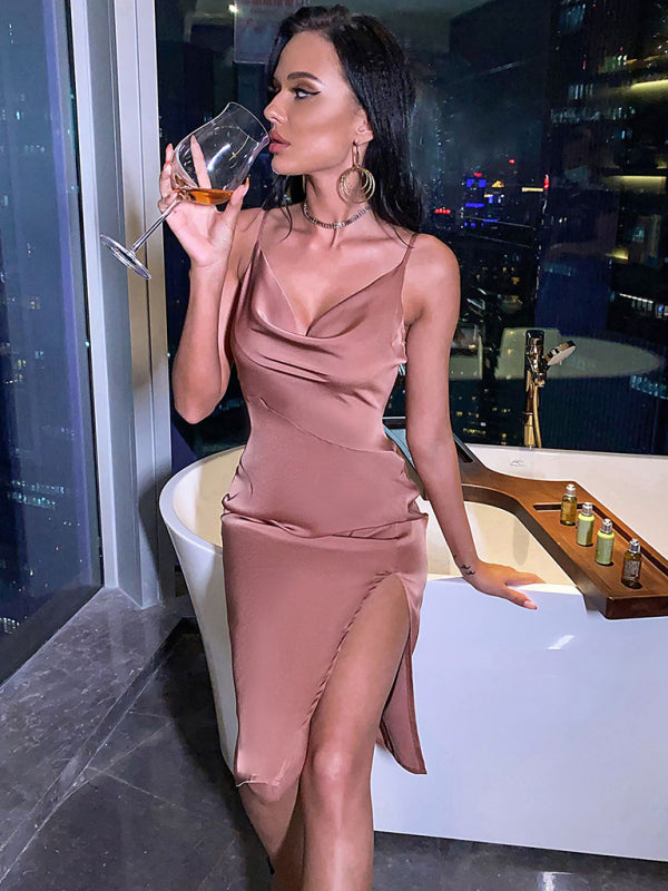 Slip Dresses- Satin Sleeveless Cowl Neck Slip Dress with Side Slit- - Pekosa Women Clothing