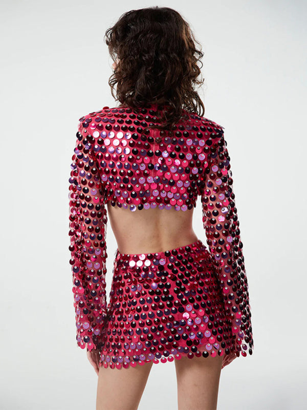 Sparkly Dresses- Sparkling Sequin Long Sleeves Backless Cutout Mini Dress- - Pekosa Women Clothing