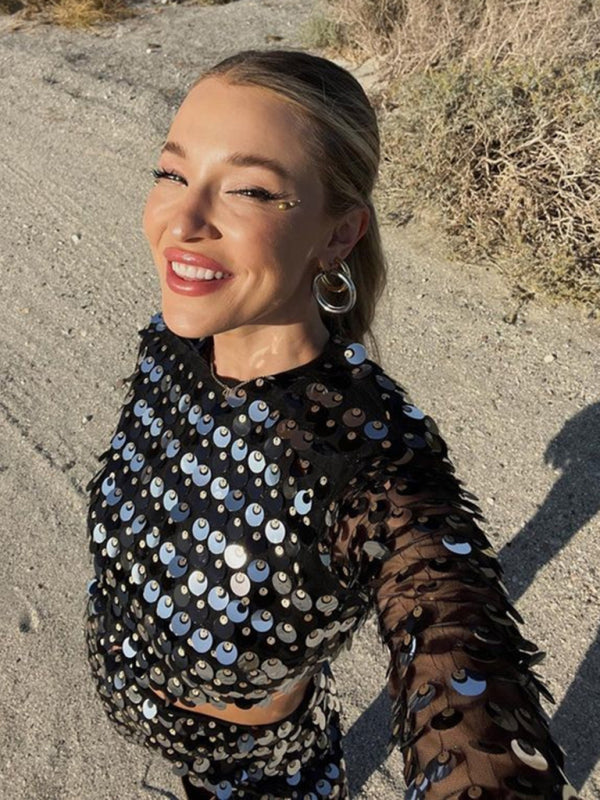 Sparkly Dresses- Sparkling Sequin Long Sleeves Backless Cutout Mini Dress- - Pekosa Women Clothing