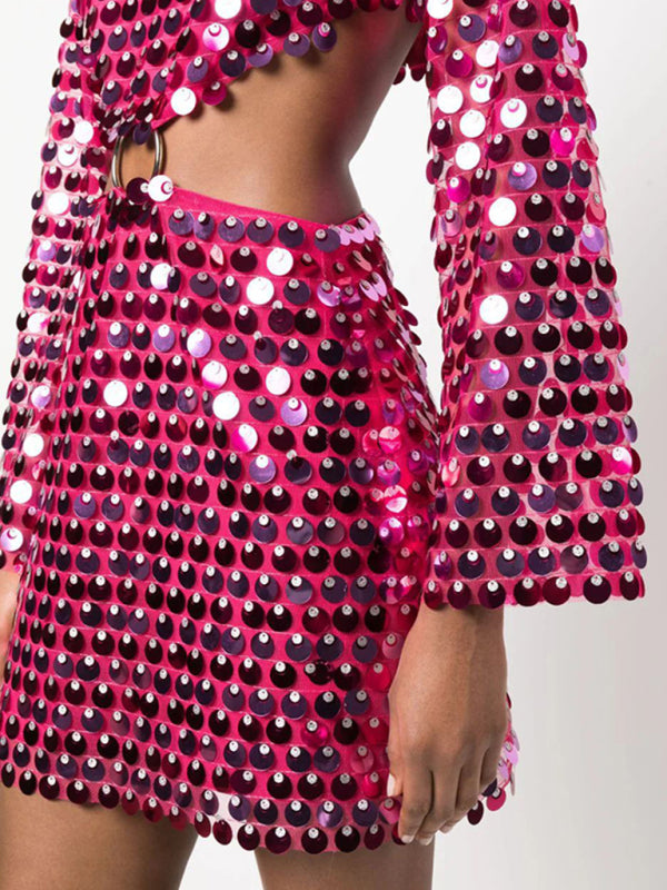 Sparkly Dresses- Sparkling Sequin Long Sleeves Backless Cutout Mini Dress- - Pekosa Women Clothing