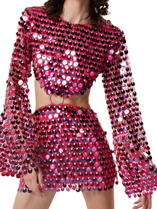 Sparkly Dresses- Sparkling Sequin Long Sleeves Backless Cutout Mini Dress- Rose- Pekosa Women Clothing