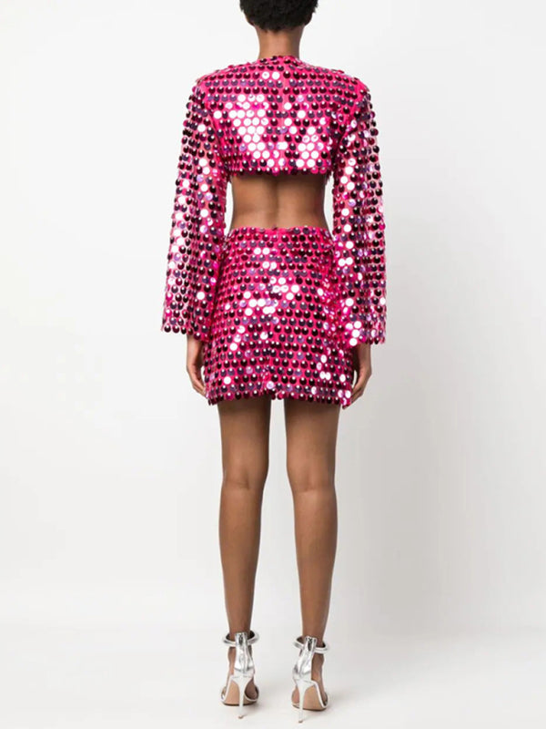 Sparkly Dresses- Sparkling Sequin Long Sleeves Backless Cutout Mini Dress- - Pekosa Women Clothing