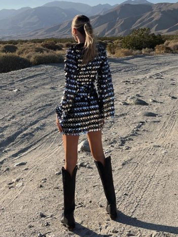 Sparkly Dresses- Sparkling Sequin Long Sleeves Backless Cutout Mini Dress- - Pekosa Women Clothing