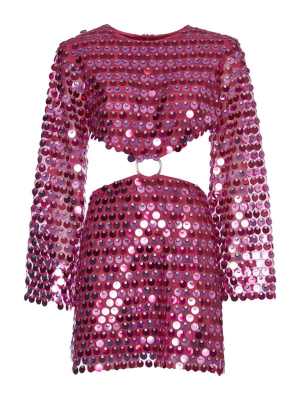 Sparkly Dresses- Sparkling Sequin Long Sleeves Backless Cutout Mini Dress- - Pekosa Women Clothing