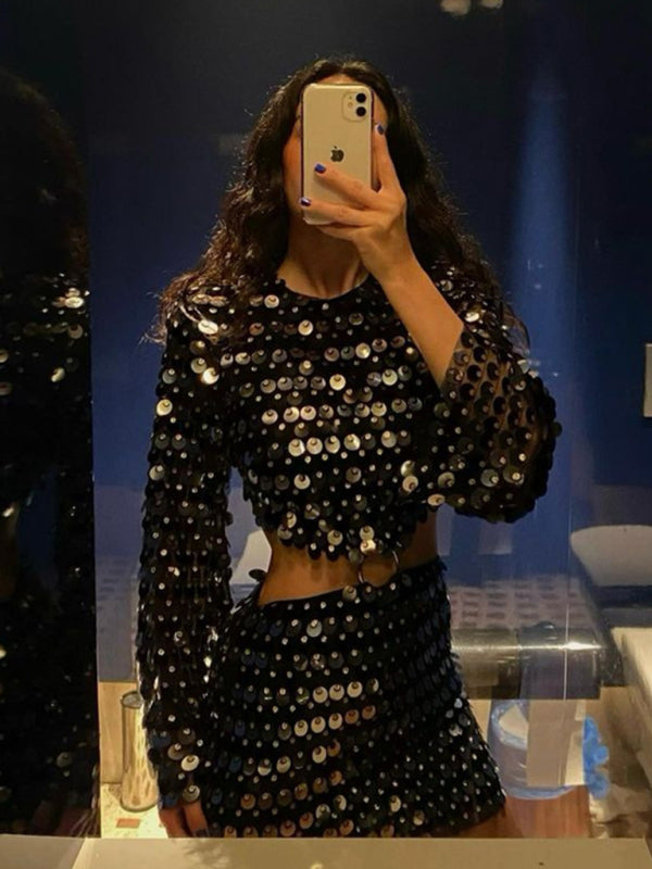 Sparkly Dresses- Sparkling Sequin Long Sleeves Backless Cutout Mini Dress- Black- Pekosa Women Clothing