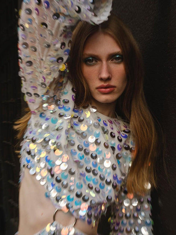 Sparkly Dresses- Sparkling Sequin Long Sleeves Backless Cutout Mini Dress- - Pekosa Women Clothing