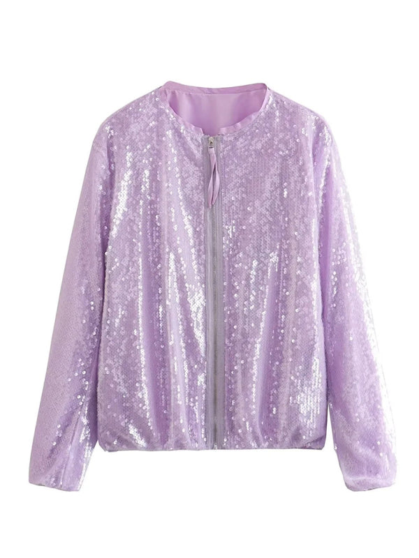 Sparkly Jackets- Glitter Sequined Zip-Up Bomber Jacket- - Pekosa Women Clothing