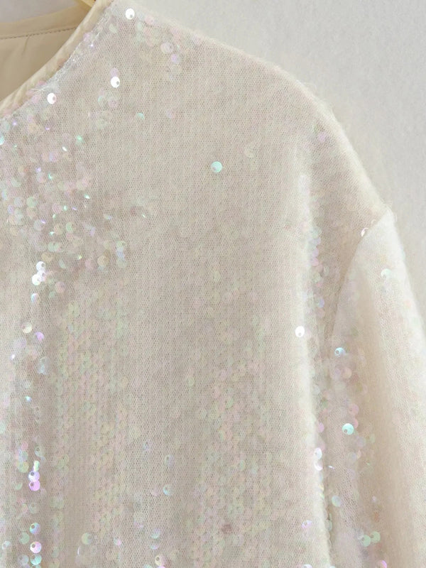 Sparkly Jackets- Glitter Sequined Zip-Up Bomber Jacket- - Pekosa Women Clothing