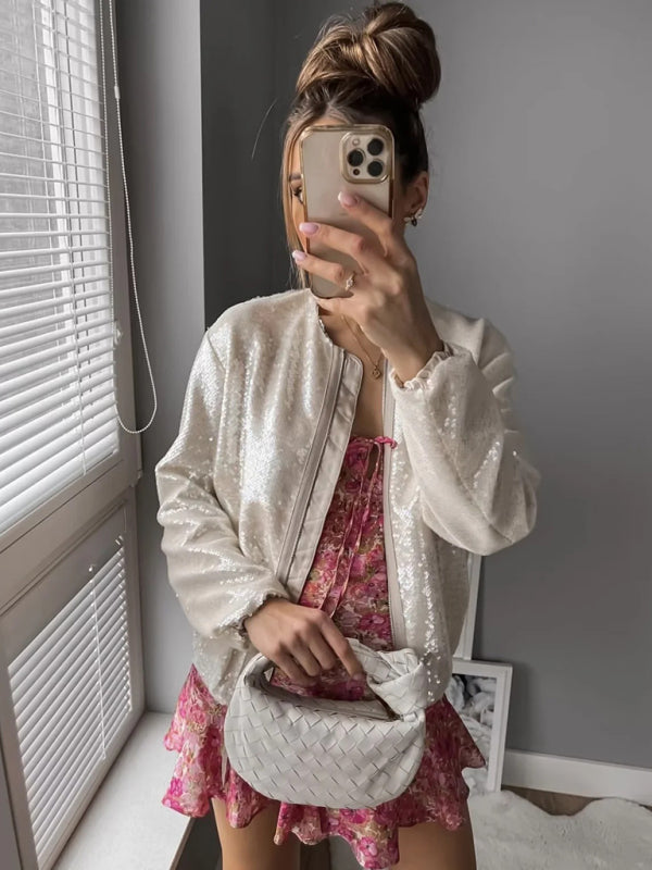 Sparkly Jackets- Glitter Sequined Zip-Up Bomber Jacket- - Pekosa Women Clothing