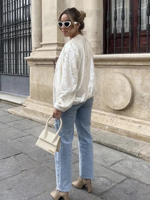 Sparkly Jackets- Glitter Sequined Zip-Up Bomber Jacket- - Pekosa Women Clothing