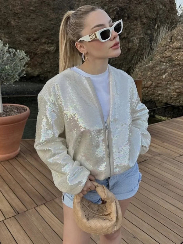 Sparkly Jackets- Glitter Sequined Zip-Up Bomber Jacket- - Pekosa Women Clothing