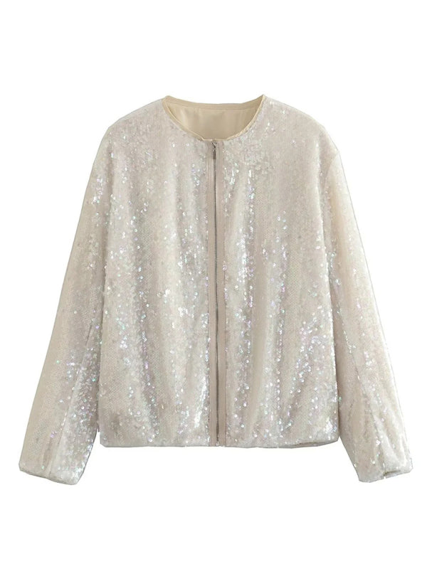 Sparkly Jackets- Glitter Sequined Zip-Up Bomber Jacket- - Pekosa Women Clothing