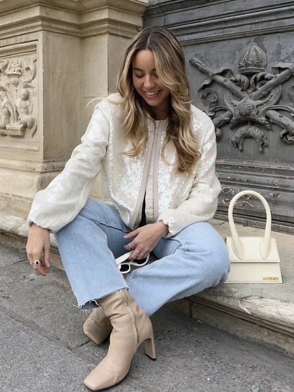 Sparkly Jackets- Glitter Sequined Zip-Up Bomber Jacket- White- Pekosa Women Clothing