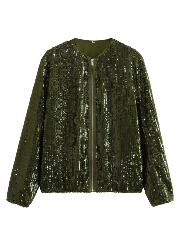 Sparkly Jackets- Glitter Sequined Zip-Up Bomber Jacket- - Pekosa Women Clothing