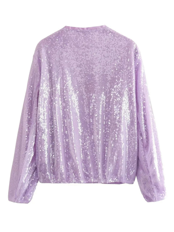 Sparkly Jackets- Glitter Sequined Zip-Up Bomber Jacket- - Pekosa Women Clothing