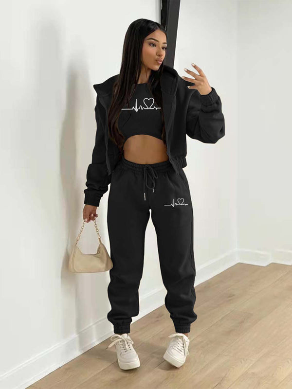 Sport Outfit- 3-Pcs Sport Outfit Sweatpants & Cozy Sweatshirt & Crop Tank Top- Black- Pekosa Women Clothing