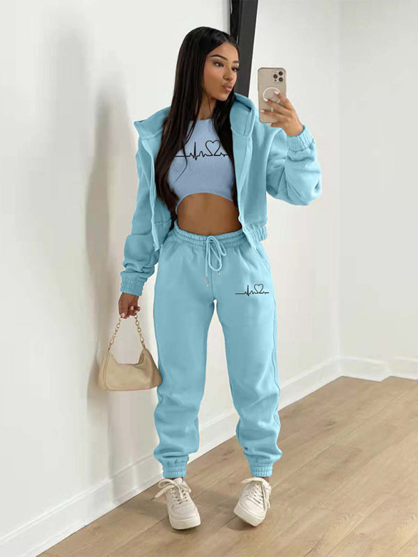 Sport Outfit- 3-Pcs Sport Outfit Sweatpants & Cozy Sweatshirt & Crop Tank Top- Acid blue- Pekosa Women Clothing