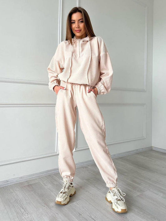 Sport Outfit- Ribbed Oversized 2-Piece Sport Outfit - Hooded Sweatshirt and Sweatpants- Cracker khaki- Pekosa Women Clothing