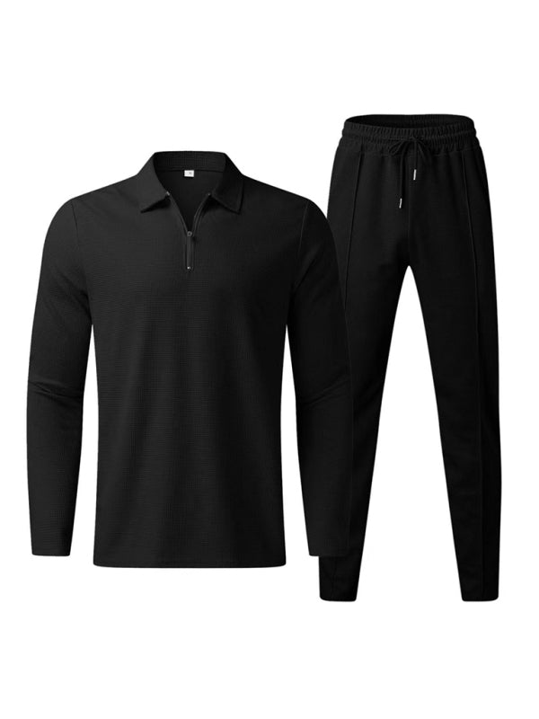 Sport Outfits- Long Sleeve Zip-Up T-Shirt and Pencil Pants in Cotton Blend for Men- Black- Pekosa Women Clothing