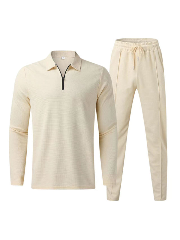 Sport Outfits- Long Sleeve Zip-Up T-Shirt and Pencil Pants in Cotton Blend for Men- Cracker khaki- Pekosa Women Clothing