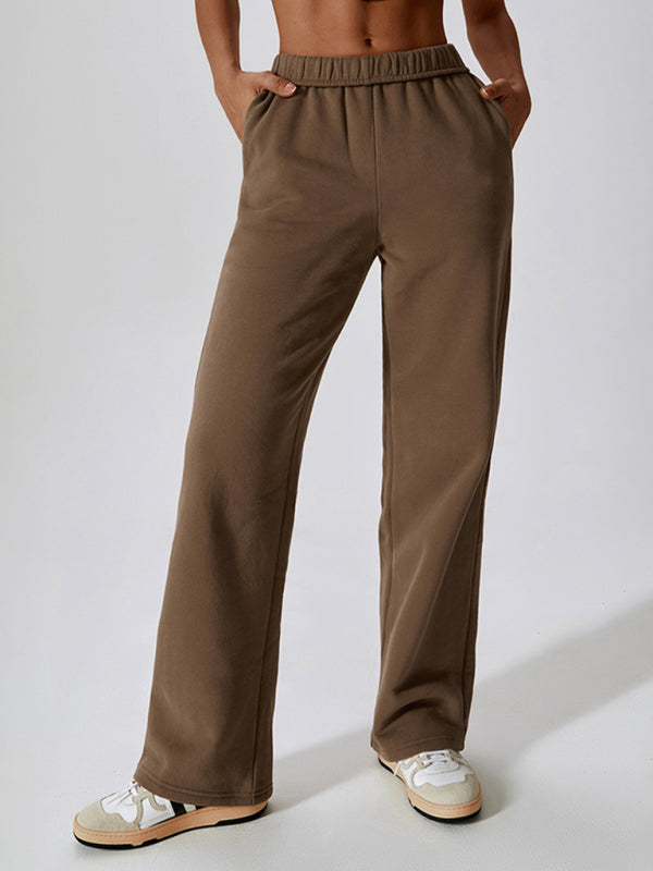 Sport Outfits- Solid Cotton Sporty Tracksuit Sweatpants- Brown- Pekosa Women Clothing