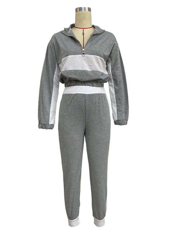 Sport Outfits- Sporty Colorblock Crop Zip-Up Sweatshirt and Pencil Sweatpants- - Pekosa Women Clothing