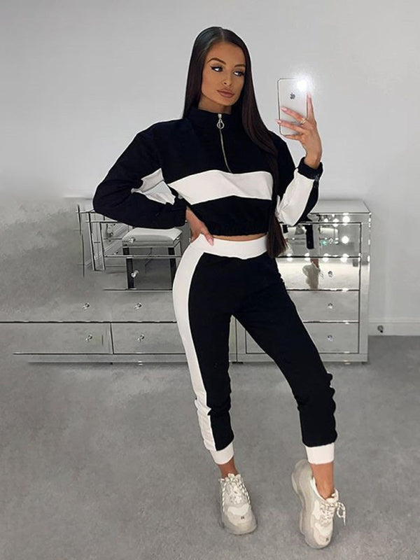 Sport Outfits- Sporty Colorblock Crop Zip-Up Sweatshirt and Pencil Sweatpants- Black- Pekosa Women Clothing