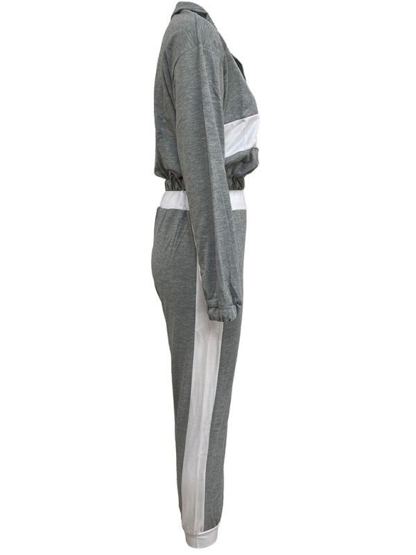 Sport Outfits- Sporty Colorblock Crop Zip-Up Sweatshirt and Pencil Sweatpants- - Pekosa Women Clothing