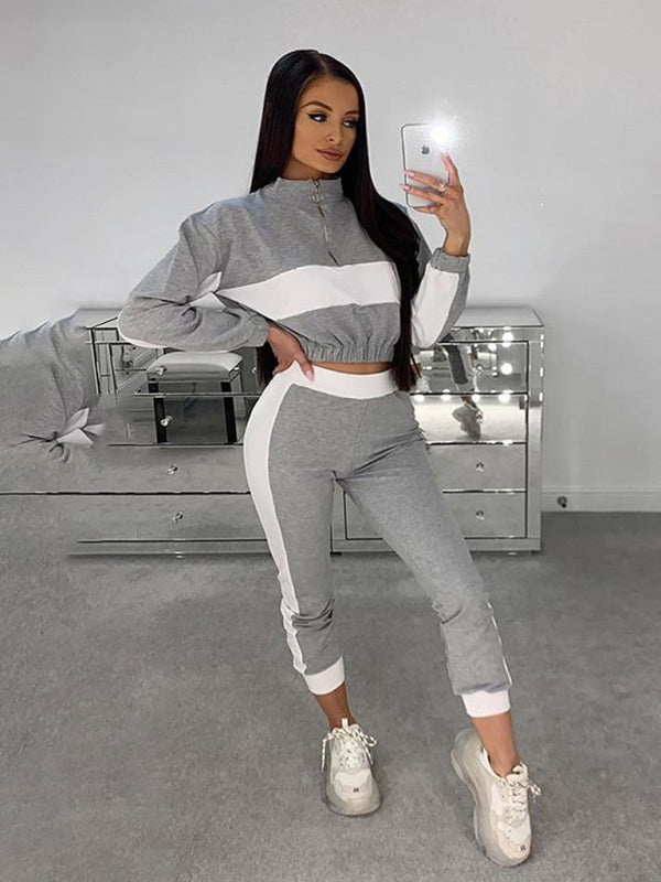 Sport Outfits- Sporty Colorblock Crop Zip-Up Sweatshirt and Pencil Sweatpants- Grey- Pekosa Women Clothing