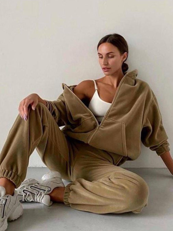 Sport Outfits- Sweatpants and Zip-Up Hoodie 2-Piece Sport Outfit- - Pekosa Women Clothing