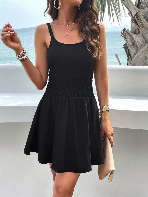 Sporty Dresses- Athletic Smocked Waist Cami Sport Dress for Summer Adventures- - Pekosa Women Fashion