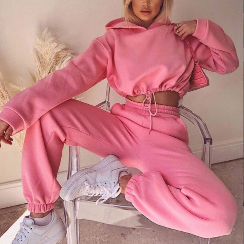 Sporty Pants Set- Sporty Tracksuit Pants and Crop Sweatshirt Hoodie- Pink- Pekosa Women Clothing