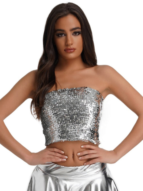 Strapless Tops- Festive Sparkle High Stretch Sequin Tube Crop Top- Silver grey- Pekosa Women Clothing