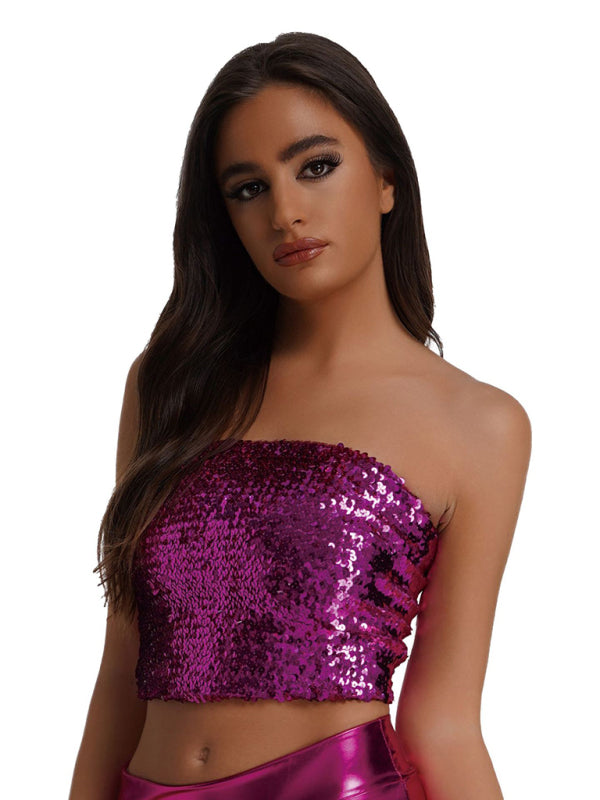 Strapless Tops- Festive Sparkle High Stretch Sequin Tube Crop Top- Rose- Pekosa Women Clothing