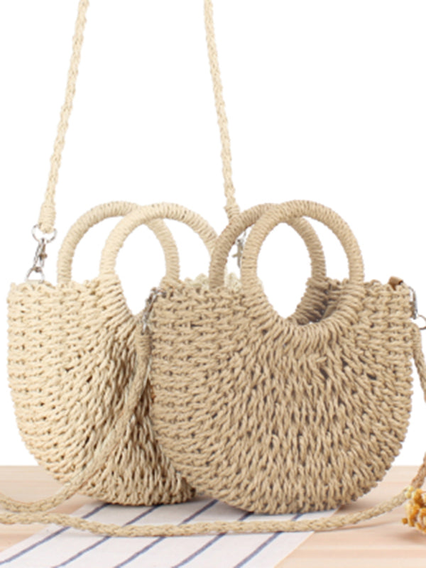 Straw Bags- Half round straw woven bag beach hand woven bag holiday women's bagBraided Round Straw Shoulder Bag- - Pekosa Women Clothing