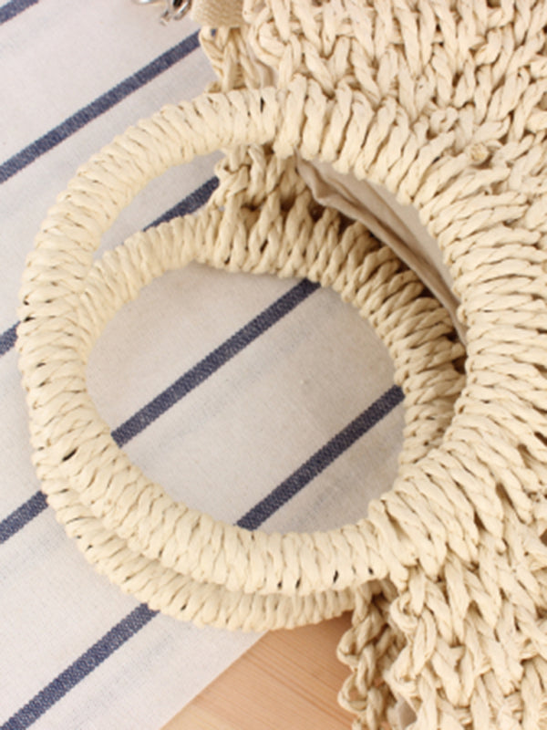 Straw Bags- Half round straw woven bag beach hand woven bag holiday women's bagBraided Round Straw Shoulder Bag- - Pekosa Women Clothing