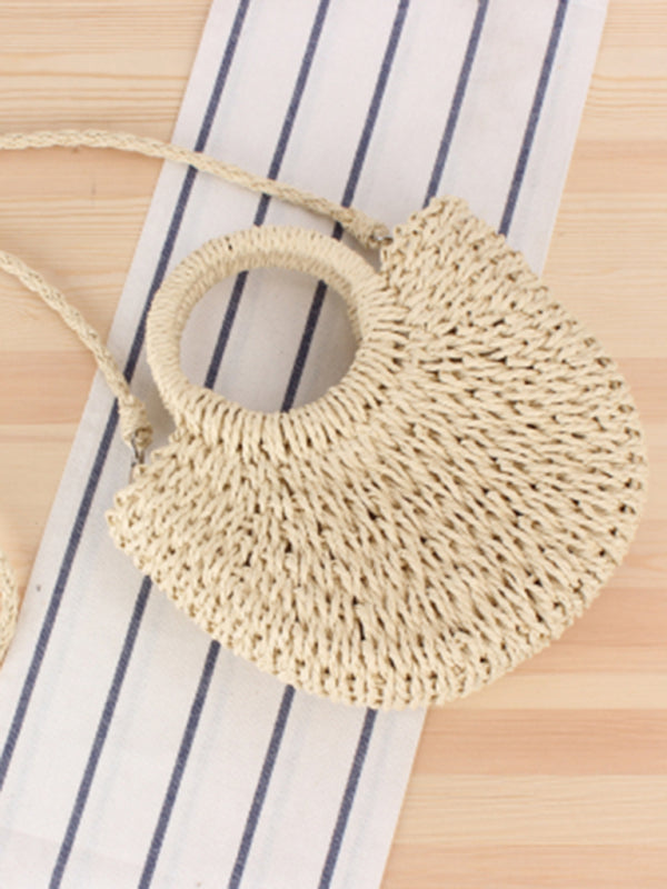 Straw Bags- Half round straw woven bag beach hand woven bag holiday women's bagBraided Round Straw Shoulder Bag- - Pekosa Women Clothing