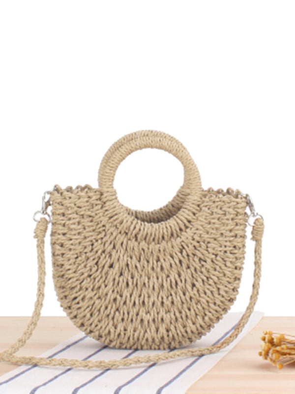 Straw Bags- Half round straw woven bag beach hand woven bag holiday women's bagBraided Round Straw Shoulder Bag- Camel- Pekosa Women Clothing