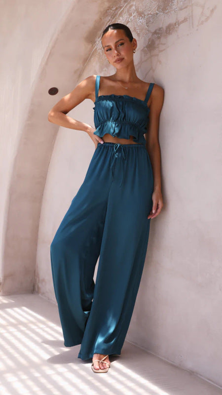 Suit - Pants and Top Set- 2-Piece Satin Casual Suit - Cami Crop Top + Pants Set- Navy Blue- Pekosa Women Clothing