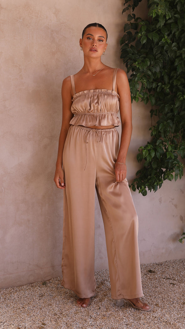 Suit - Pants and Top Set- 2-Piece Satin Casual Suit - Cami Crop Top + Pants Set- - Pekosa Women Clothing