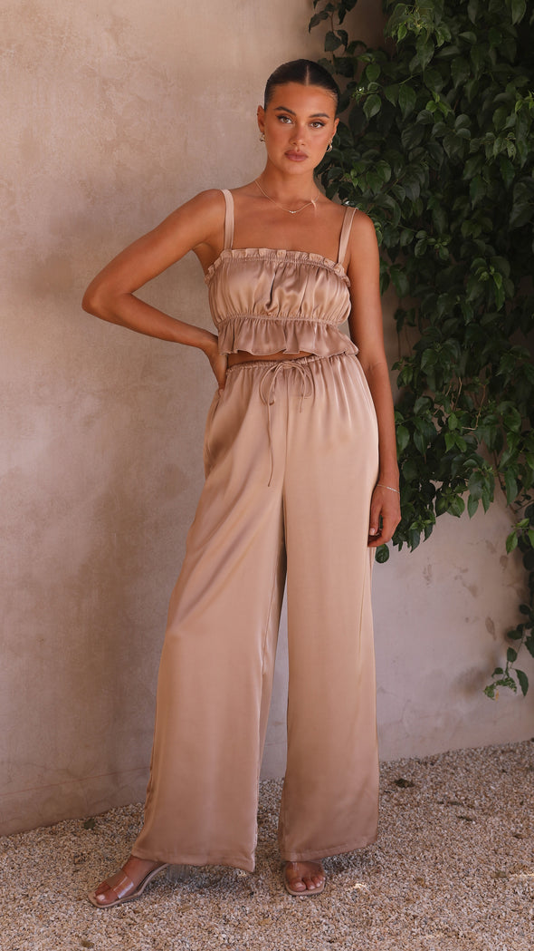 Suit - Pants and Top Set- 2-Piece Satin Casual Suit - Cami Crop Top + Pants Set- - Pekosa Women Clothing
