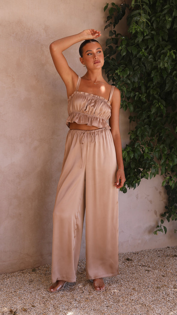 Suit - Pants and Top Set- 2-Piece Satin Casual Suit - Cami Crop Top + Pants Set- - Pekosa Women Clothing