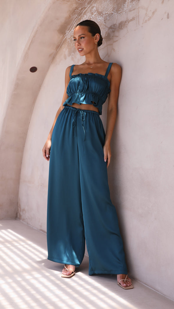 Suit - Pants and Top Set- 2-Piece Satin Casual Suit - Cami Crop Top + Pants Set- - Pekosa Women Clothing