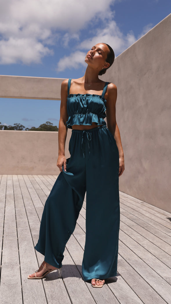 Suit - Pants and Top Set- 2-Piece Satin Casual Suit - Cami Crop Top + Pants Set- - Pekosa Women Clothing