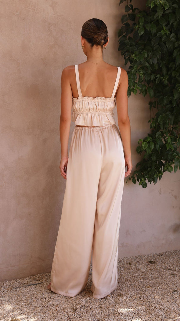 Suit - Pants and Top Set- 2-Piece Satin Casual Suit - Cami Crop Top + Pants Set- - Pekosa Women Clothing