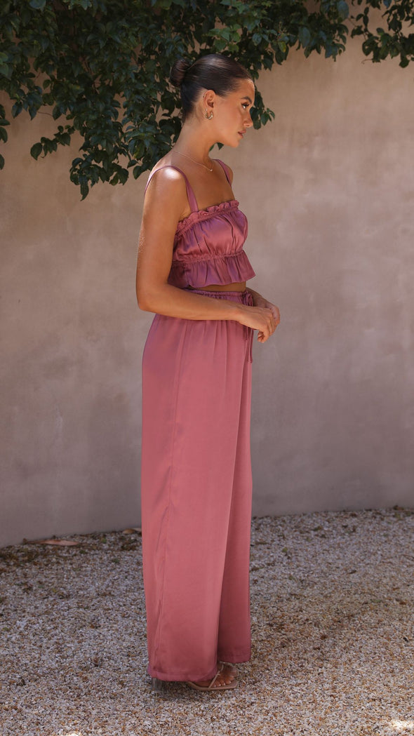 Suit - Pants and Top Set- 2-Piece Satin Casual Suit - Cami Crop Top + Pants Set- - Pekosa Women Clothing