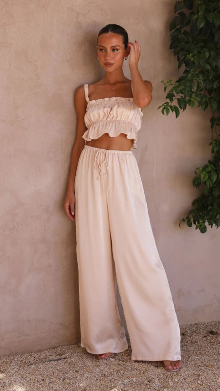 Suit - Pants and Top Set- 2-Piece Satin Casual Suit - Cami Crop Top + Pants Set- Cracker khaki- Pekosa Women Clothing