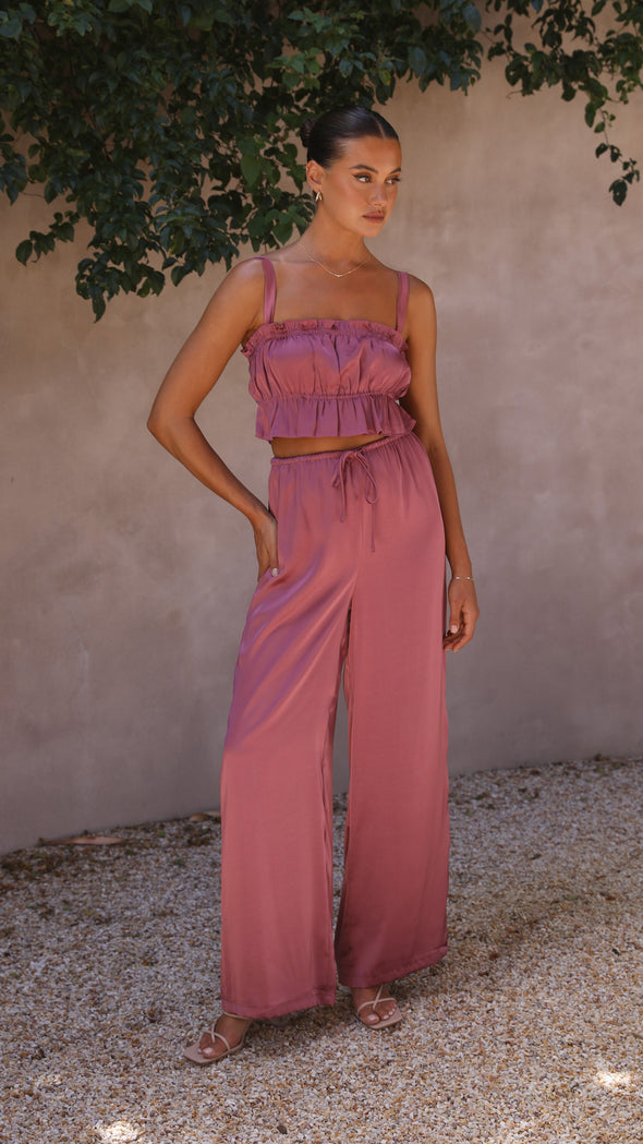 Suit - Pants and Top Set- 2-Piece Satin Casual Suit - Cami Crop Top + Pants Set- - Pekosa Women Clothing