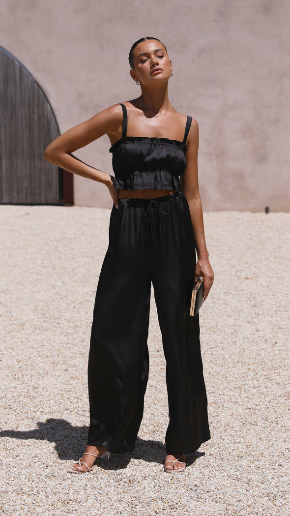 Suit - Pants and Top Set- 2-Piece Satin Casual Suit - Cami Crop Top + Pants Set- - Pekosa Women Clothing