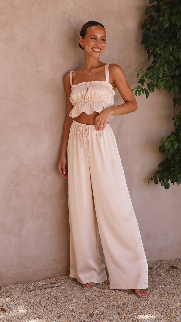 Suit - Pants and Top Set- 2-Piece Satin Casual Suit - Cami Crop Top + Pants Set- - Pekosa Women Clothing